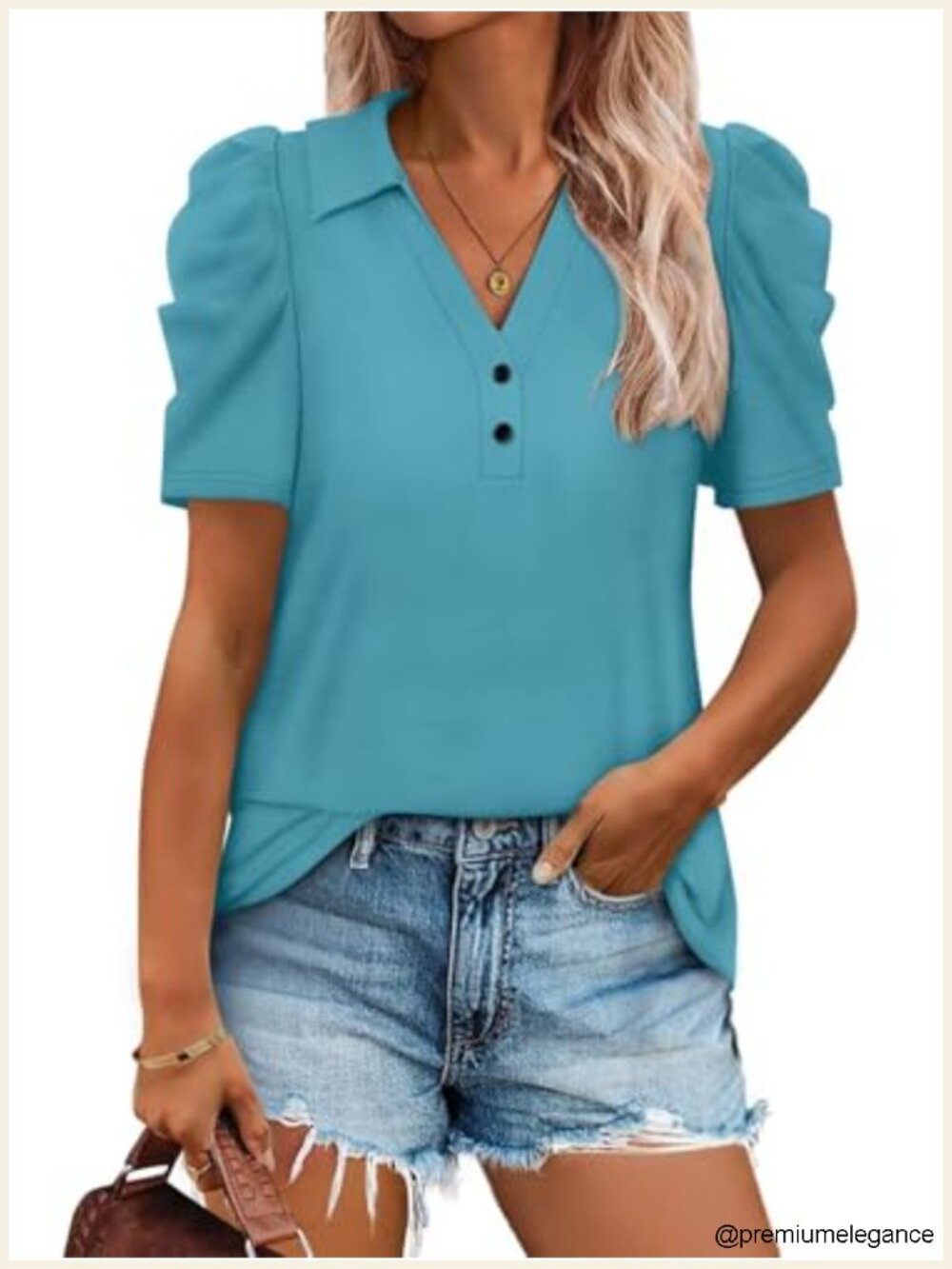 Women's Puff Short Sleeve V Neck Polo Shirt Cotton Blend Tee
